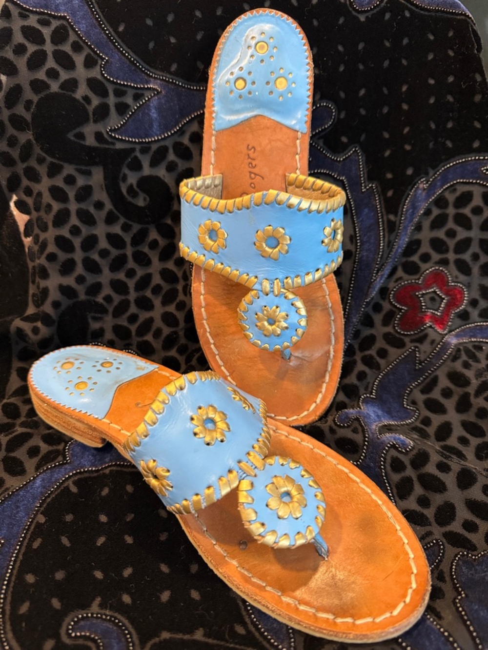 Jack Rogers Genuine Leather Slide Sandals Tiffany blue and gold